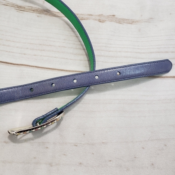 Vintage Womens Leather Slim Belt Blue Rhinestone Enamel Buckle Medium 38 Inch